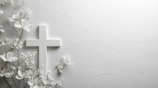 Minimalistisches wei&szlig;es Kreuz mit zarten Blumen als symbolische Darstellung von Frieden und Glauben, Hintergrund, Gedenkkarte, Trauerkarte, Vorlage