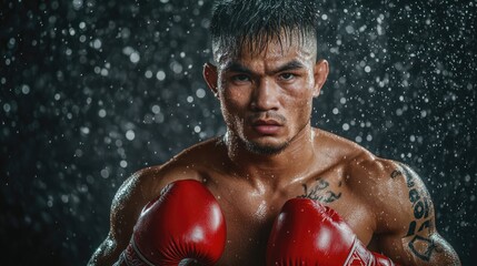 Dynamic Male Muay Thai Boxer with Red Gloves in Dramatic Rainy Setting Portrait for Sports and Martial Arts Concepts