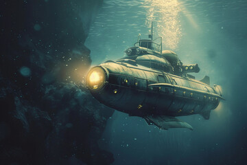 Fototapeta premium Beautiful large bathyscaphe floating in middle of deep ocean during exploration, abstract vivid composition consists of fictional unreal fantastic vision on background