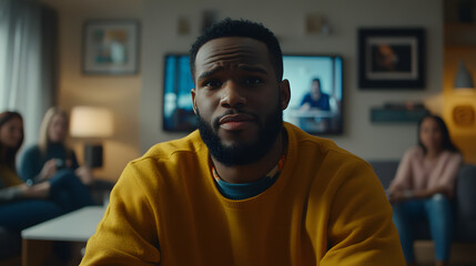 Obraz premium A young Black man sits in his living room, looking directly at the camera with a serious expression. Two women are blurred in the background, one using a device. He wears a mustard-yellow sweater.