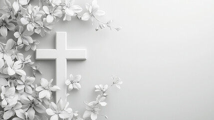 Minimalistisches wei&szlig;es Kreuz mit zarten Blumen als symbolische Darstellung von Frieden und Glauben, Hintergrund, Gedenkkarte, Trauerkarte, Vorlage