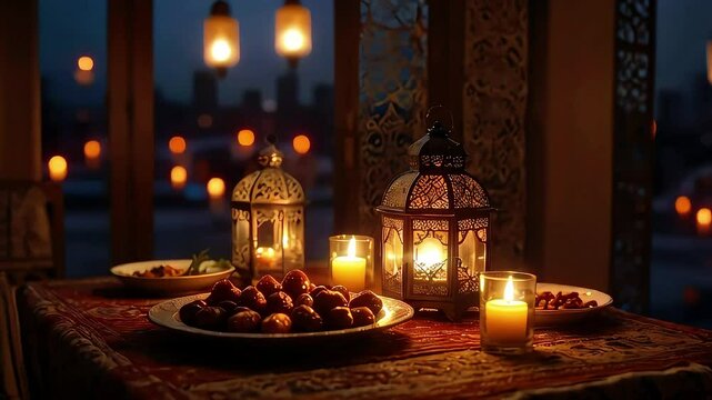Diinner table dark environment traditional arabic lanterns and dates fasting aftaar concept