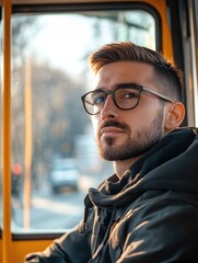 Fototapeta premium Young man with glasses contemplating inside a bright yellow tram on a sunny spring day with urban backdrop and empty space for text