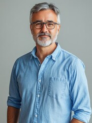 Obraz premium Mature man with silver hair and beard wearing blue shirt in studio setting with neutral gray background and ample space for text or graphics.