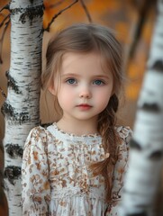 Portrait of young Russian girl with beautiful blue eyes standing between birch trees in autumn setting featuring warm golden foliage and soft lighting