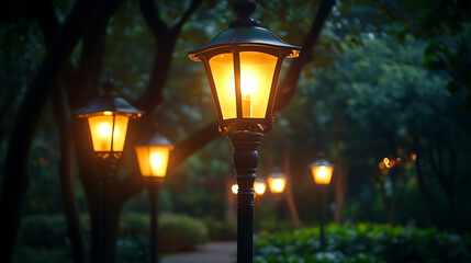 A serene park scene illuminated by vintage street lamps at dusk.