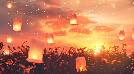 Glowing Ramadan lanterns under a stunning sunset background, peaceful evening atmosphere, extra space is provided for text