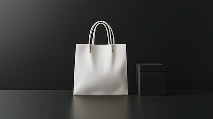 Blank white tote bag mockup on black background with black box.