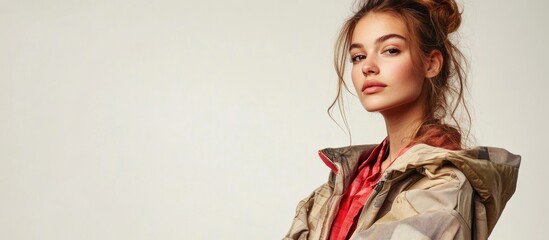 Stylish young woman with tousled hair wearing a trendy oversized jacket in neutral tones against a light beige background with ample copyspace