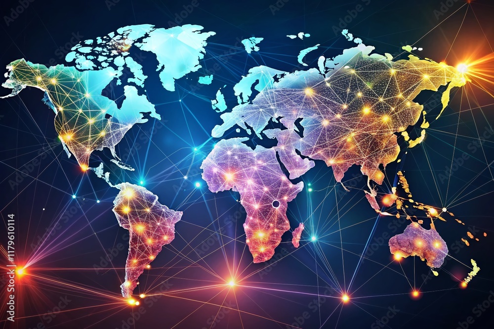 Poster global network: connecting world map with dots and lines - abstract polygonal wireframe