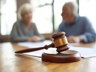 Senior couple consulting attorney for financial planning retirement and will in bright home office with legal documents and gavel on wooden table