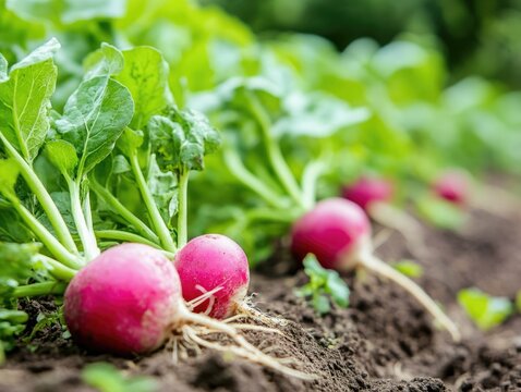 Senior couple examining fresh radishes in vibrant community garden with lush green foliage and ample empty space for text above soil. - Powered by Adobe