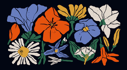 Abstract dry plants. Pressed summer flowers. Various Herbarium branches, Flowers and Leaves. Cartoon style. Hand drawn modern Vector illustration. Isolated design elements. Floral, botanical concept