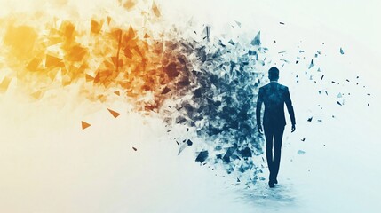 Abstract art of man walking away from shattered past. Symbolizing new beginnings, resilience, overcoming challenges, and personal growth. Emotional and inspiring artwork.