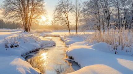 A peaceful snowy landscape with a small creek running through it, glistening under the sunlight.