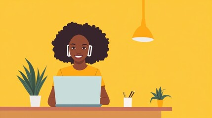 Cheerful young African American female entrepreneur working on a laptop in a bright yellow home office with indoor plants and copyspace for text