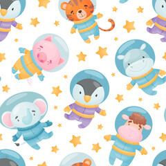 Fototapeta premium Space Animal in Spacesuit Seamless Pattern Design Vector Template