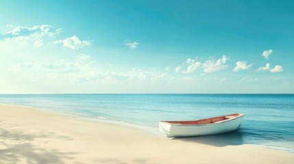 Naklejka premium Serene Summer Beach Escape with Tranquil Blue Waters, White Sand, and a Vintage Boat Anchored Under Soft Cloudy Skies