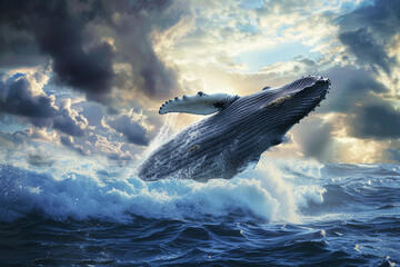 Fototapeta premium Fantastically beautiful majestic huge whale in deep blue ocean, abstract vivid composition consists of fictional unreal fantastic vision on background