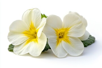 Obraz premium Single White Primrose Flower with Hint of Yellow Petals and Green Leaves