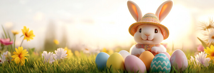 cute Easter bunny wearing hat sits among colorful eggs in vibrant spring meadow filled with flowers. scene radiates joy and celebration