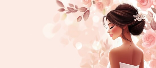Elegant bridal portrait of a beautiful young woman with dark hair stylishly arranged, surrounded by soft pink floral elements and a large empty space for text.