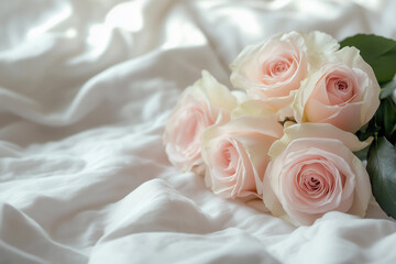 Fototapeta premium Pale pink rose bouquet and silk bedding neutral color background, blank wedding invitation paper card close up 