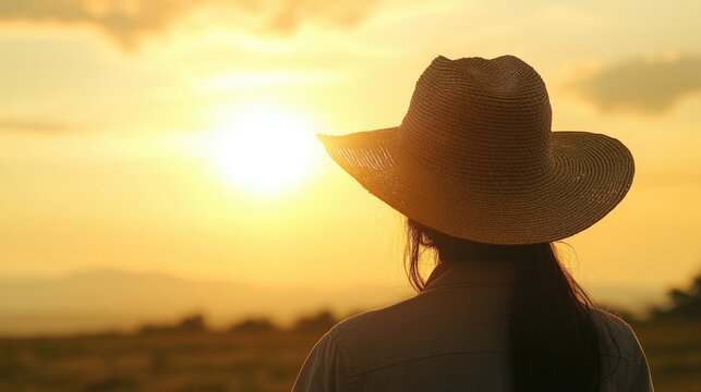 Relaxed woman wearing a straw hat enjoying the tranquil beach sunset with golden hues and vast empty copyspace for text output