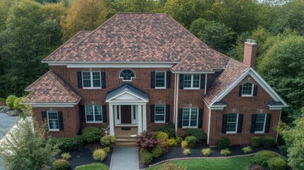 Elegant red brick house with lush greenery and detailed architecture