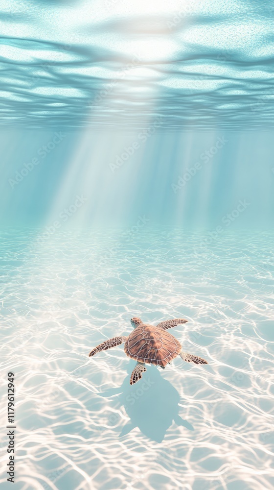 Poster sunbeams filtering through crystal clear turquoise water illuminate a serene underwater scene with a