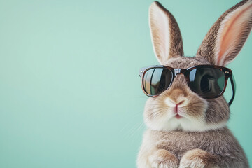 Easter bunny  with sunglasses portrait on green background
