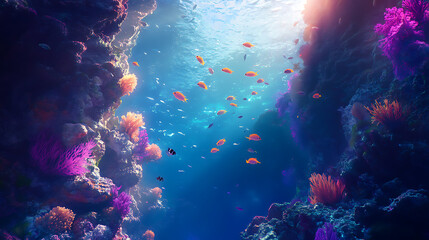 Fototapeta premium Colorful underwater scene with vibrant corals and various fish swimming.