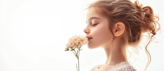 Naklejka premium young girl with curly hair holding a delicate flower in profile on white background with ample copyspace for text and soft natural lighting