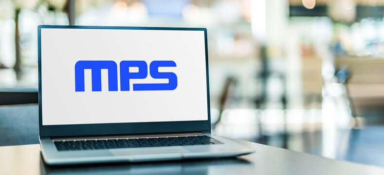 Laptop computer displaying logo of Monolithic Power Systems