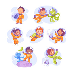 Kids Astronaut Character in Outer Space Exploring Universe Vector Set