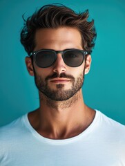 Obraz premium Handsome young man with stylish sunglasses and tousled hair against a vibrant turquoise background, exuding confidence and serious expression, empty space for text.