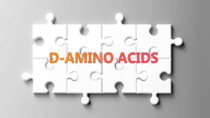 D-Amino Acids complex like a puzzle - pictured as word d-amino acids on a puzzle pieces to show that d-amino acids is complex and needs cooperating pieces that fit together. ,3d illustration