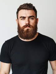 Obraz premium Confident bearded man in black t-shirt with serious expression against light background capturing brutal hipster style and masculinity with copy space