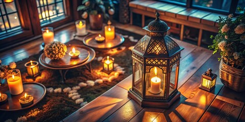 Fototapeta premium Glowing Decorative Candle Lantern - Indoor Drone Photography