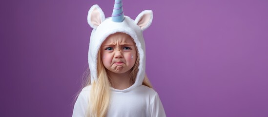 Young girl aged 5 to 6 wearing unicorn costume with tears on her face against a vibrant purple chroma key background for children's emotional expressions.