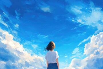 Young woman standing against a vibrant blue sky with fluffy white clouds creating ample empty space for text enhancement and marketing applications