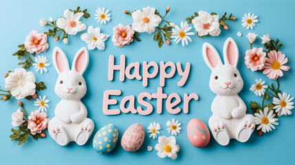 Happy Easter card featuring cute bunnies, colorful eggs, and flowers. This cheerful design captures joy of holiday with vibrant colors and playful elements