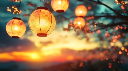 Obraz premium Glowing Ramadan lanterns under a stunning sunset background, peaceful evening atmosphere, extra space is provided for text