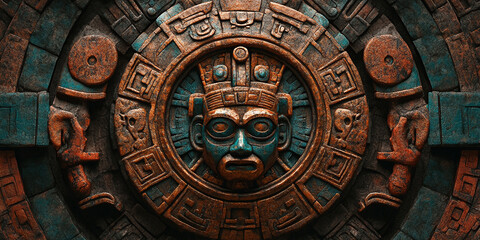 Obraz premium Close-up of an intricate Aztec stone relief sculpture featuring a detailed carved face surrounded by symbolic patterns in aged metal tones.