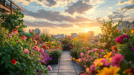 Obraz premium A vibrant rooftop garden filled with colorful flowers under a sunset sky.