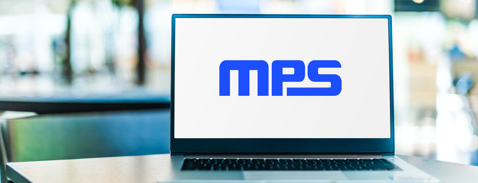 Laptop computer displaying logo of Monolithic Power Systems