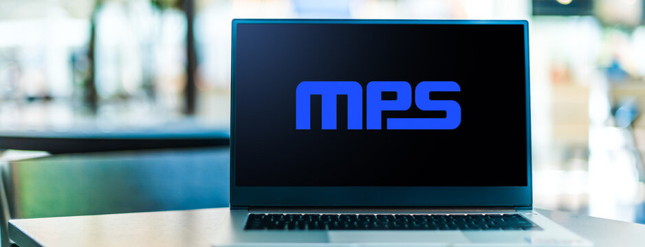 Laptop computer displaying logo of Monolithic Power Systems