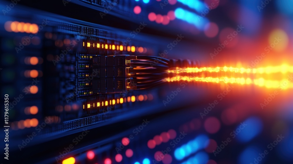 Poster hightech server room with multiple servers illuminated by soft blue lights creating a futuristic and
