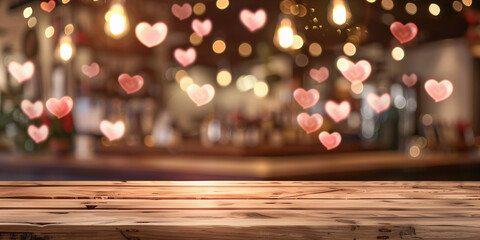 Empty wooden table in front of pink heat shape blurred valentine day light background for product display in a coffee shop, local market or bar