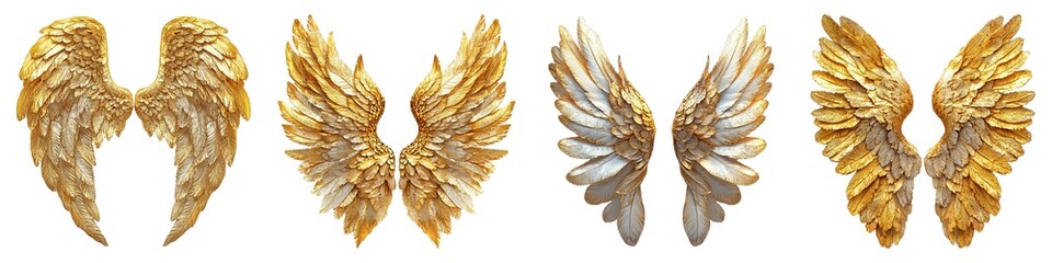Majestic Gold Angel Wings with Intricately Designed Feathers on Transparent Background